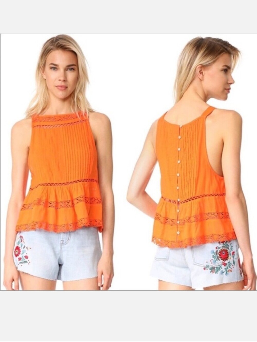 Free People Firecracker Orange Crush Lace-Trim Peplum Tank Medium